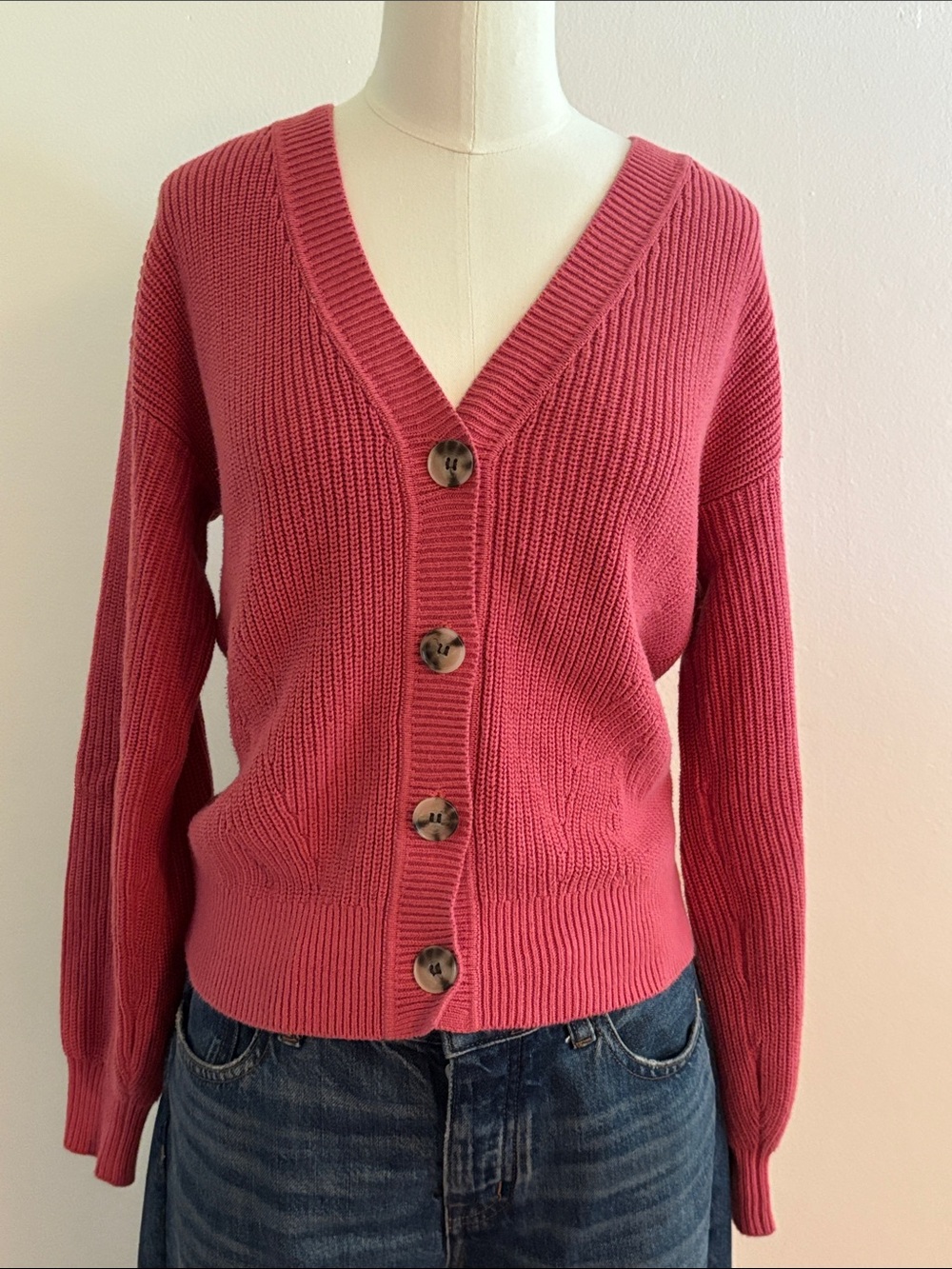 LOFT Women's Rose Pink Ribbed V-Neck Button Cardigan